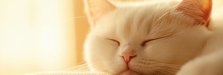Aufkleber - Adorable white cat sleeping with closed eyes, enjoying a peaceful moment of rest in the warm, soft sunlight filtering through a window, creating a cozy and serene atmosphere
