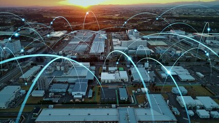 Aufkleber - factory, industry, communication, network, iiot, iot, dx, future, drone, aerial view, infrastructure, plant, architecture, panorama, cityscape, industrial area, data, digital transformation, technolog