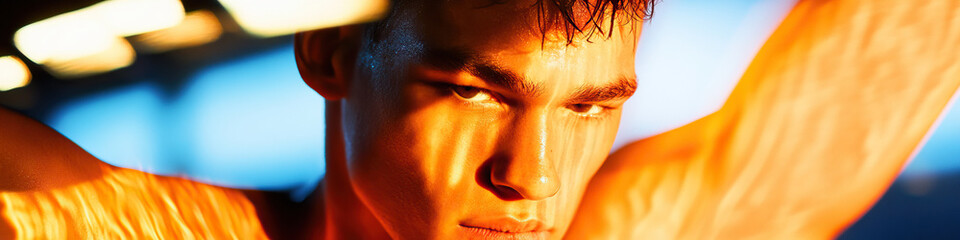 Wall Mural - Close-up Portrait of Sweating Young Man with Orange Lighting