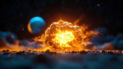 Wall Mural - Fiery cosmic explosion, planet backdrop, space