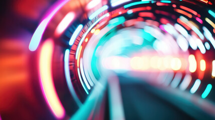 Wall Mural - Colorful tunnel with vibrant lights creating dynamic motion effect, evoking sense of speed and excitement. blurred background enhances feeling of depth and movement