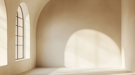 Poster - Empty Corner in Light Beige Room with Arch Windows and Soft Shadow, Ideal for Minimalist Interior Design and Photography Inspiration