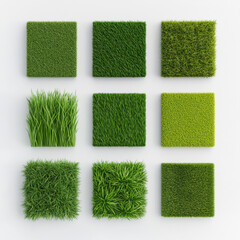 Wall Mural - Lush green grass textures arranged in grid pattern, showcasing various types of grass. This vibrant display highlights beauty of nature and greenery