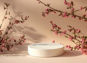 Wall Mural - White, round podium with pink flowers on a beige background for product presentation, an empty mockup with a minimalistic design.