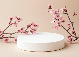 Wall Mural - White, round podium with pink flowers on a beige background for product presentation, an empty mockup with a minimalistic design.