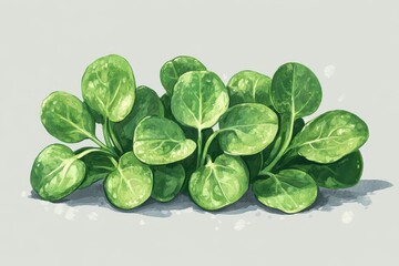 Wall Mural - Watercolor illustration of fresh green lamb's lettuce leaves arranged neatly, showcasing vibrant colors and textures on a light background, highlighting their freshness and natural beauty.