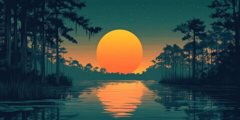 Wall Mural - Vibrant Sunset Reflecting on Tranquil Waters Surrounded by Serene Forested Landscape with Starry Evening Sky and Silhouetted Trees