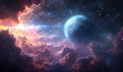 Wall Mural - surreal cosmic landscape of a giant planet and moon in a vibrant nebula