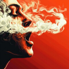 Wall Mural - Artistic Illustration of a Person Exhaling Smoke Against a Vibrant Red Background with Dynamic Flowing Patterns and Dramatic Lighting Effects