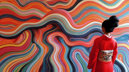 Wall Mural - captivating abstract art: a woman in kimono contemplates vibrant swirls of color