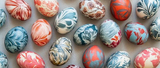 A vibrant close-up of intricately painted eggs arranged on a wooden table, showcasing artistic designs and colors for festive decoration.