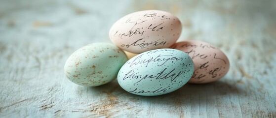 Three eggs with unique writings displayed on a table, showcasing creativity and artistic expression in a simple yet intriguing arrangement.