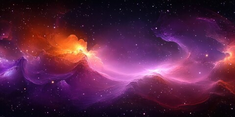 Wall Mural - cosmic nebula in vibrant purple and orange hues with distant stars in a panoramic view of deep space