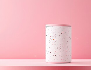 Poster - White cylindrical podium with a pink background and heart-shaped decoration, a minimalist concept for product display presentation in a vector illustration style. 