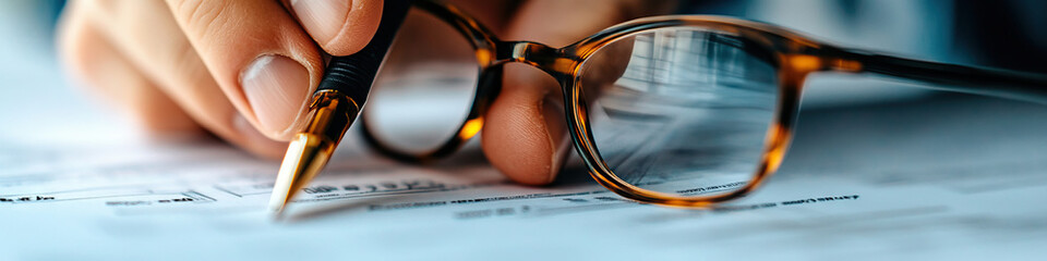 Wall Mural - Hand Filling Out Document with Pen and Eyeglasses