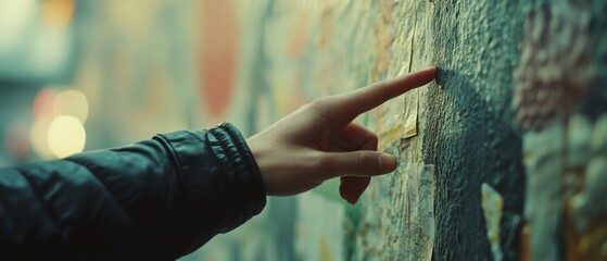 a hand gently touches a textured wall in a moment of tactile exploration and curiosity.