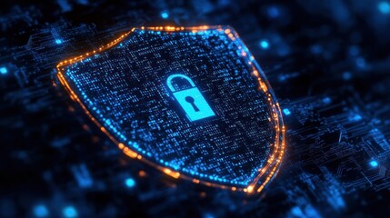 Cybersecurity Shield with Abstract Technology Background in Blue - 3D Digital Protection Concept