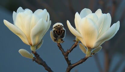 Wall Mural - Close up view of two light yellow blossoms on branches, with a blurred background, soft lighting, delicate petals, natural light