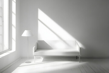 Wall Mural - Minimalist white living room interior with a sofa and lamp on a wooden floor, front view. 