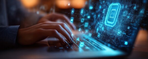 Cyber Security, Digital Protection, Data Safety, Businessman Working on Laptop, Holographic Icons, Information Encryption, Access Control