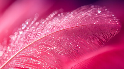 Fototapete - A close-up of a delicate pink feather, adorned with tiny droplets of water, showcasing intricate textures and soft hues
