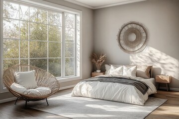 Aufkleber - Minimalist Scandinavian Bedroom Design with Large Windows and Cozy Decor