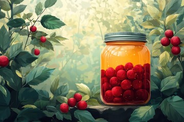 Wall Mural - A jar filled with vibrant red cherries set amidst lush green foliage, capturing the essence of nature's bounty with a hint of sunlight in the background.