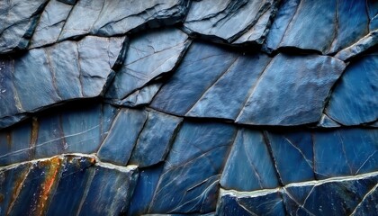 Poster - deep blue slate texture with natural geometric pattern for modern background, abstract stone wall design, raw material aesthetics

