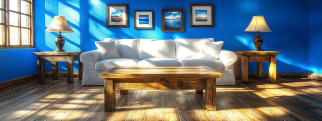 Wall Mural - A cozy living room with blue walls, a white sofa, a wooden coffee table, and lamps. Sunlight streams in, casting shadows. Pictures are on the wall