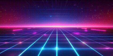 Wall Mural - Vibrant Neon Grid Background with Blue and Purple Lighting Effects for Futuristic Designs and Digital Art Projects