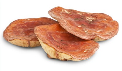 Poster - Three dried mushrooms, light brown and reddish brown, layered on white background, close up view, showing texture and details, food photography