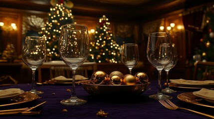 Wall Mural - Formal holiday table setting, christmas decorations, gold ornaments in a bowl, crystal glasses, dark purple tablecloth, and golden cutlery, warm