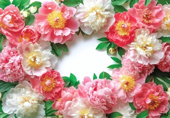 Wall Mural - Vibrant pink and white flowers arranged in a circular frame around a blank center, creating a beautiful floral design on a white background