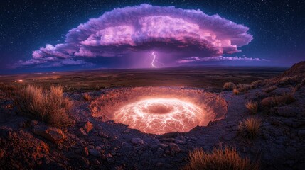 Wall Mural - A glowing supercell thunderstorm over a barren plain, with multiple lightning bolts striking the ground in rapid succession. The swirling clouds and flashes of light dominate the landscape 