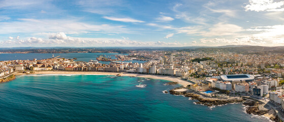 Wall Mural - A Coruna city, aerial perspective. Old historic center of the city.  Panoramic aerial view of all Region. Famous travel destination in Galicia, northwest of Spain. Promenade and beach area of the city