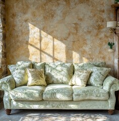 Canvas Print - Light beige sofa with patterned cushions in a sunlit room with a textured, light beige wall. Sunlight streams through a window, casting shadows on