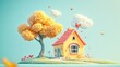 © vefimov - A whimsical autumn scene featuring a child's fantastical island home, with trees in bloom and falling leaves.