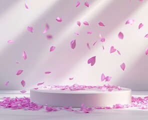 Wall Mural - A podium on the ground with scattered pink petals flying, a minimal mockup background for product presentation