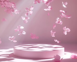 Wall Mural - A podium on the ground with scattered pink petals flying, a minimal mockup background for product presentation