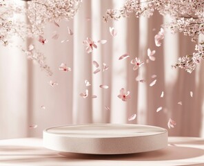 Wall Mural - A podium on the ground with scattered pink petals flying, a minimal mockup background for product presentation