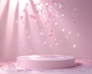 Wall Mural - A podium on the ground with scattered pink petals flying, a minimal mockup background for product presentation