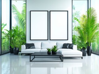 Wall Mural - Modern minimalist living room with white sofa, black coffee table, and large windows showcasing lush greenery. Two empty black framed canvases are