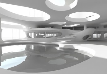 Sticker - Modern interior design featuring an open plan space with curved walls, circular skylights, and a central reflecting pool. The space is bright and