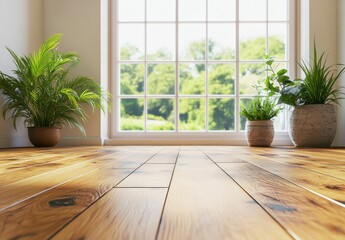 Wall Mural - Peaceful room with plants and a view of a garden outside a large window, light wood floors