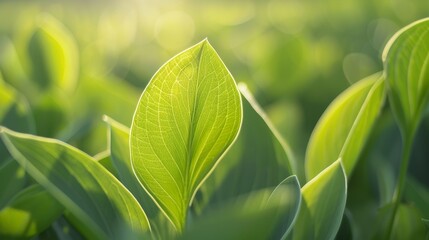 Wall Mural - close-up of fresh green leaf details in a lush natural environment with soft sunlight and vibrant ba