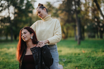 Wall Mural - Two friends sitting in a green outdoor park, enjoying each other's company and relaxation.