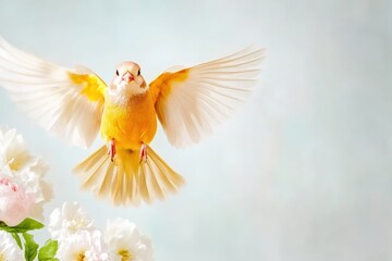 Wall Mural - Vibrant yellow canary in mid-flight above delicate pink flowers, showcasing beauty and grace in nature, birdwatching concept