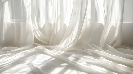 Poster - Sunlight Pouring Through Sheer White Curtains in a Bright Room with Soft Drapes and Gentle Shadows on the Floor