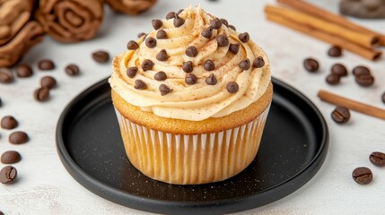 Wall Mural - Closeup view of a single light beige cupcake, topped with light brown icing and chocolate chips, placed on a dark plate. Coffee beans and cinnamon