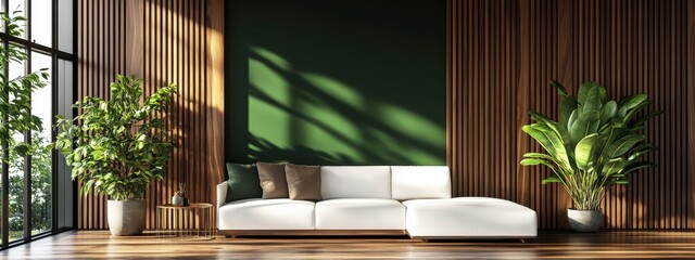 Wall Mural - Stylish living room with wooden wall panels, a white sectional sofa, and lush green plants, bathed in natural sunlight, creating a calm and serene